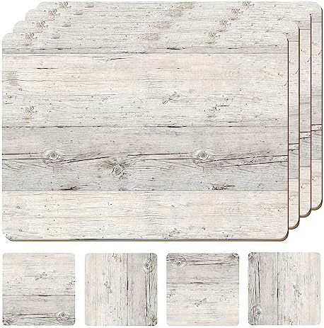 Set of 4 Heat Resistant Cork Placemats for Dining Table with Free Set of 4 Matching Drink Coasters Cork Wood Design Print 16 x 12 Inches Cork Backed Hard Placemats (White Driftwood) by Moderry