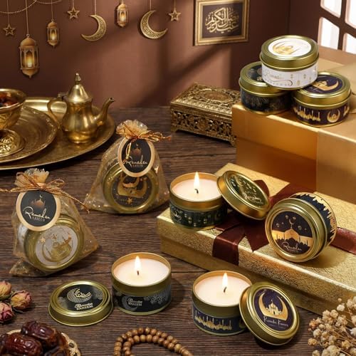 MTLEE 20 Set Ramadan Mubarak Scented Candle with Organza Bag and Cards Ramadan Gifts Eid Candles Muslim Scented Light Islamic Party Favors Gifts for Home Muslim Islam Festival Holiday Decor (Gold) - Image 2