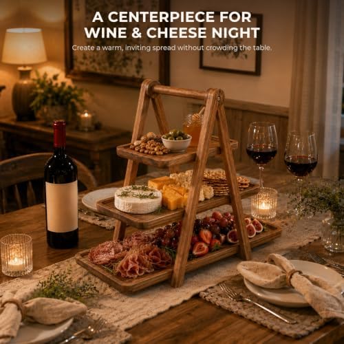 Acacia Wood 3 Tier Foldable Serving Tray, Farmhouse Tiered Display Stand for Charcuterie, Cheese, Desserts & Snacks, Wooden Organizer for Kitchen Counter, Coffee Bar and Party Entertaining - Image 5