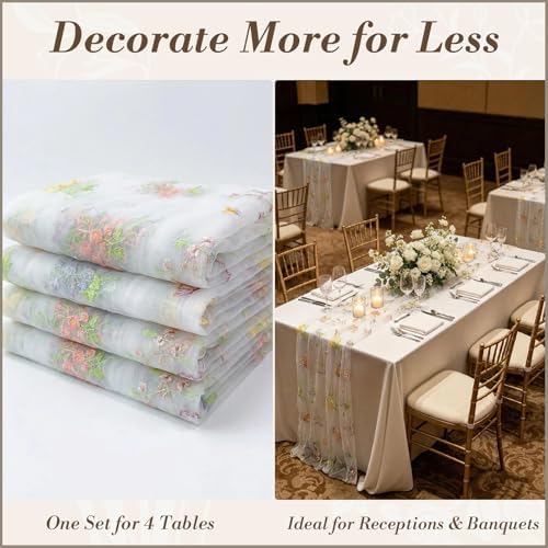4 Pack White Wildflower Floral Table Runner 120", Embroidered Tulle Gauze for Wedding Reception, Boho Vintage Spring Summer Table Decor - Image 4