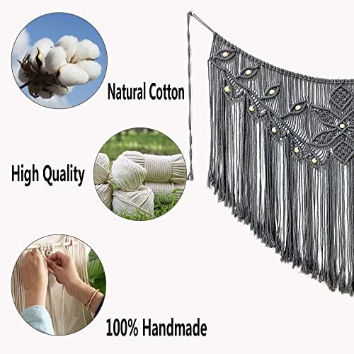 Youngeast Macrame Wall Hanging Large Macrame Curtains Leaf Shape Beads Wall Decor Boho Tassel Wall Art Woven Tapestry Headboard Backdrop Gray - Image 5