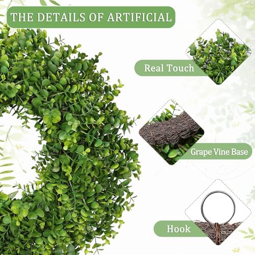 26 Inch Large Greenery Eucalyptus Boxwood Wreaths Artificial Easter Summer Spring Wreaths for Front Door Outdoor All Season Spring Decorations for Home Porch Room Window Wall Farmhouse Decor(Green) - Image 3