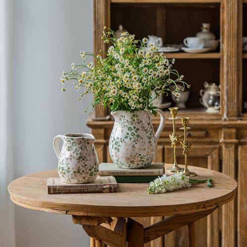 Ceramic Green and White Floral Vase with Handle, Rustic Farmhouse Pitcher Flower Vase, Chinoiserie Floral Vase for Home Decor, Living Room, Shelf, Office, Rustic Table Centerpiece 8 Inch - Image 3