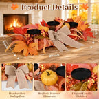 26" Fall Candle Holder Centerpiece with Pumpkins, Maple Leaves & Burlap Bow - Image 2