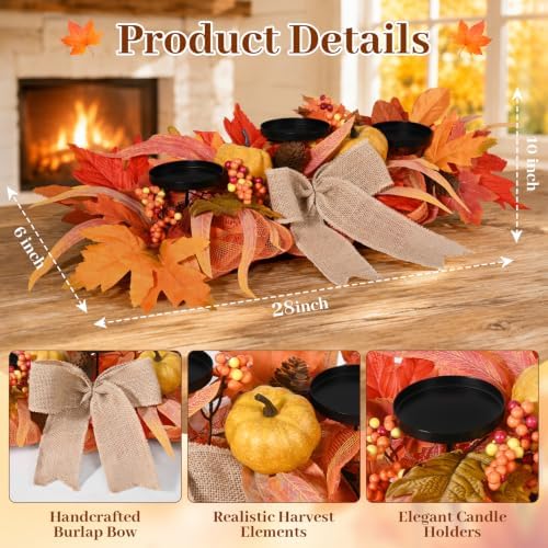 26" Fall Candle Holder Centerpiece with Pumpkins, Maple Leaves & Burlap Bow - Image 2