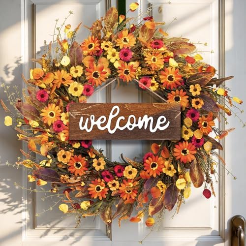 26'' Large Fall Wreaths for Front Door (Welcome Sign) by Davimono