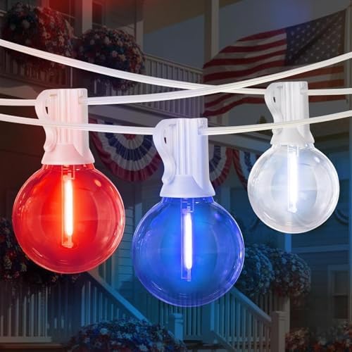 LAMPHOME 2-Pack 26Ft Outdoor Red White Blue String Lights, Patriotic Patio Light with 12+1 Edison Bulbs, LED Shatterproof String Lights for Outside Bistro Christmas Patio Party Decorations by ULL