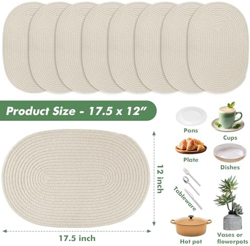 Oval Woven Placemats Set of 8 Heat Resistant Placemats 17.5 x 12 Inches Farmhouse Cotton Rope Place Mats for Dining Tables Trivets for Hot Dishes, Beige - Image 3
