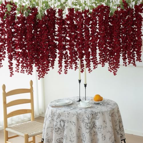 mizii 6Pcs Burgundy Wisteria Hanging Flowers 48" Silk Wisteria Artificial Flowers Garland Vines Fake Hanging Flower Decoration for Wedding Wall Backdrop Centerpieces Party Room Decor (Burgundy Red) - Image 5