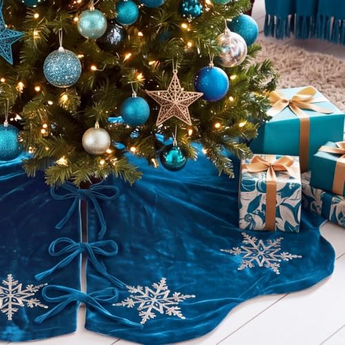 Hollowfly Peacock Blue Velvet Christmas Tree Skirt, Sequin Snowflake 48'' - Image 4