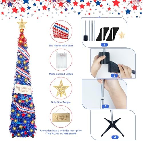 4th of July 5 Ft Artificial Christmas Tree Pop-Up Collapsible Pencil Christmas Trees with 100 Color for Indoor Outdoor Independence Day Patriotic Party Decorations (red Blue) - Image 5