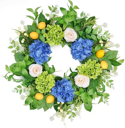 Vlorart 24In Outdoor Wreaths for Front Door Artificial Hydrangea Lemon Door Floral Summer Spring Wreath with Olive Leaves Mixed Flower UV Resistant for Farmhouse Window Wall Decor Outside All Season by Vlorart