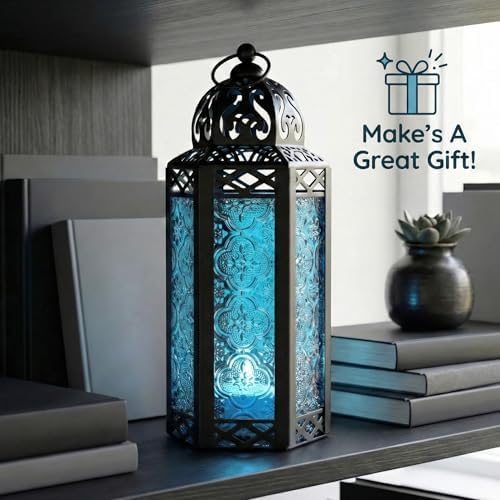 Vela Lanterns Decorative Indoor Moroccan Candle Holder, Blue, M, 2-Pack - Image 2