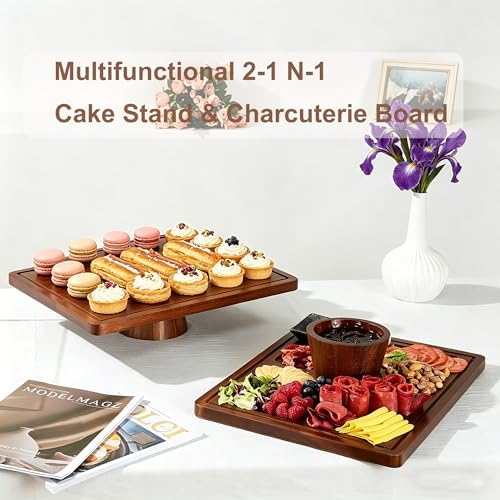 17" Rectangular Acacia Wood Cake Stand with Lid, 2-in-1 Multi-Functional Dessert Display Tray & Charcuterie Board for Cheese/Veggie/Chips & Dip, Birthday/Weddings/Party - Image 5