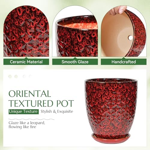 11.8 Inch Flower pots for Indoor Plants,Ceramic Planter with Saucer Drainage Leak-Proof Mesh Gardening Gloves (Diamond Red) - Image 3