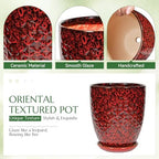 9.5 Inch Flower Pots for Indoor Plants,Ceramic Planter with Saucer Drainage Leak-Proof Mesh Gardening Gloves (Diamond Red) - Image 3