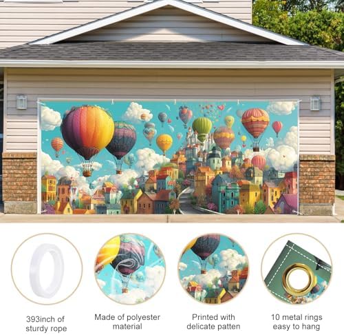 Hot Air Balloon Fantasy Summer Garage Door Banner 7x16FT, Colorful Balloon & Sky City Garage Door Cover, Vibrant Outdoor Decoration for Spring & Summer Parties Home Decor - Image 4