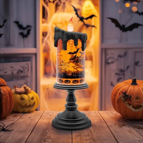 Halloween Snow Globe Flameless Candle – Lighted Halloween Glitter Lantern with Spinning Water and Timer, Pumpkin & Bat Scene Halloween Decor for Home, Party, Table Centerpiece - Image 3