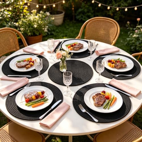Round Placemats Set of 10, Cotton Woven Tablemats, Hot Pads for Kitchen, Jute Rattan Charger Plates for Dinner, Non Slip Heat Resistant Place Mats, 13.5'' Braided Placemat for Decor (Black Cotton) - Image 4