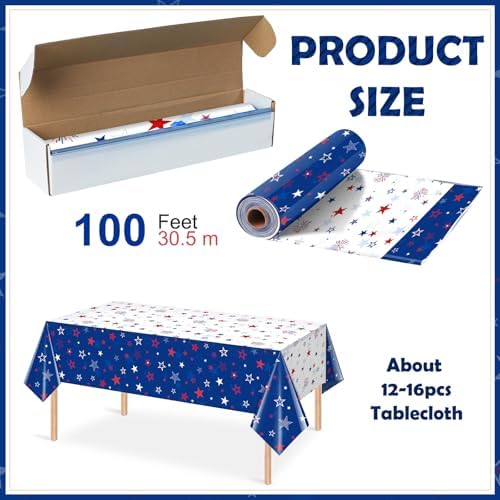 4.5 x 100 Feet Patriotic Tablecloth for 4th of July Independence Day Decorations,Roll of Disposable Custom White Blue Red Star Memorial Day Photography Backdrop for 4th of July Themed Party Supplies - Image 2