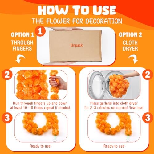 Thiccywoov 8 Pcs 5 Ft Marigold Garland with LED Halloween,Light Orange - Image 5