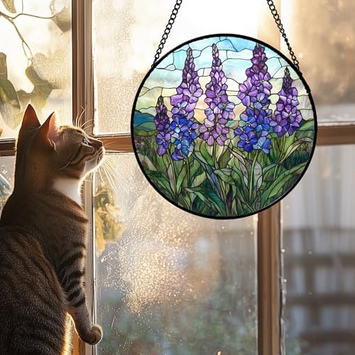 Purple Lupine Flowers Stained Glass Window Hanging Suncatcher Gift 12" - Image 2