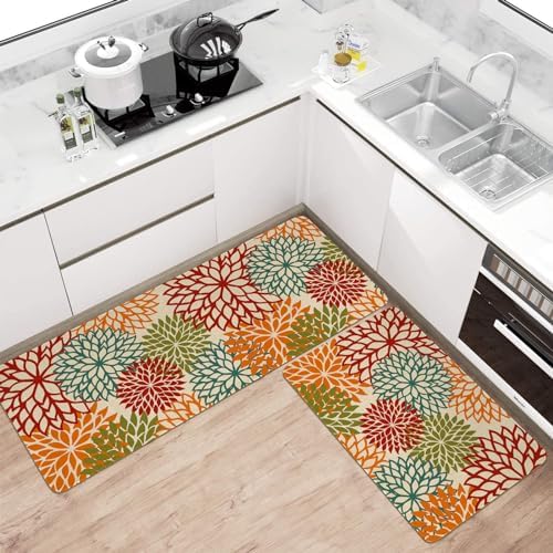 Boho Kitchen Mat Set of 2,Tropics Botanical Floral Kitchen Rugs and Mats Non Skid Washable,Bohemia Farmhouse Runner Rugs with Rubber Backing for Kitchen Decor Accessories (17"x47"+17"x30") - Image 2
