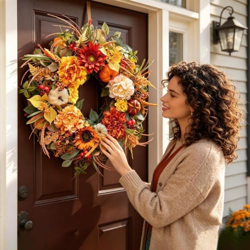 24" Artificial Harvest Fall Wreaths for Front Door with Peony & Pumpkins - Image 2
