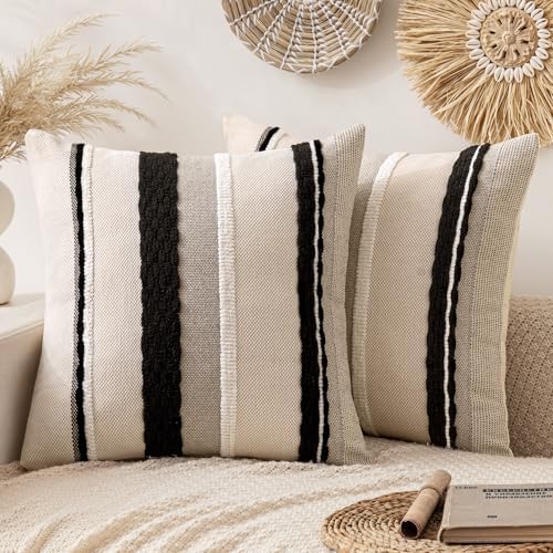 ANRODUO Boho Decorative Pillow Covers 20x20 Pack of 2 Black-White Stripe 2 by ANRODUO