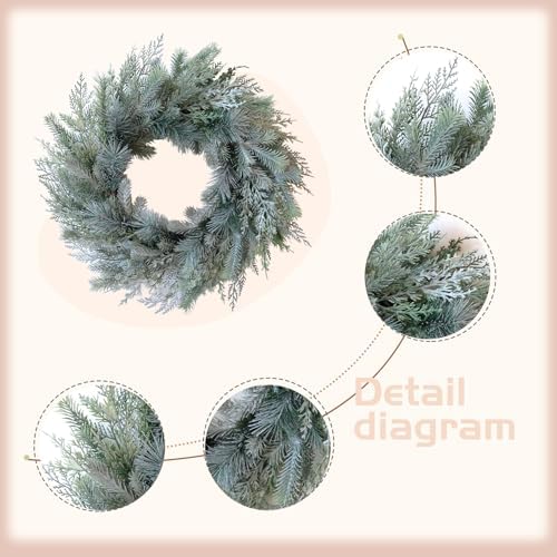 idyllic 24 Inch Norfolk Pine Wreath and Cedar Wreath for Front Door, Real Touch Christmas Wreath for Indoor and Outdoor Decor, Snowy White Xmas Winter Wreaths for Porch or Window - Image 2