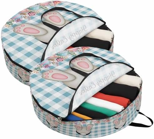 24 Inch Round Storage Bag 2 Pack,Easter Day Bunny Tail Blue Check Waterproof Wreath Storage Container with Handles&Zipper Spring Cute Rabbit White Grid Closet Organizer Bags Garland Box - Image 2