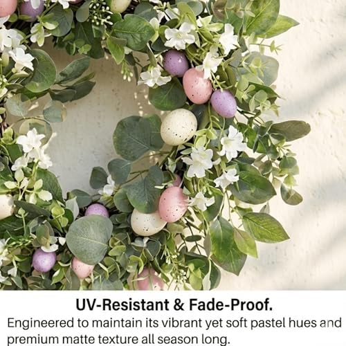 22 Inch Easter Wreath for Front Door, Spring Eucalyptus Wreath with Pastel Speckled Eggs & White Jasmine Flowers, Farmhouse Summer Outdoor Holiday Décor - Image 3