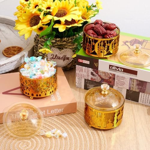 6 Pcs Ramadan Trays with Lid Metal Gold Moon Castle Star Arabesque Eid Mubarak Tray, Plate, Food Storage Container for Serving Cookie Candy Pastry Dessert Eid Party Display - Image 4