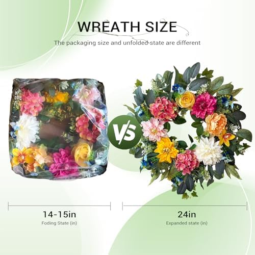 24 Inch Spring Wreaths for Front Door,Spring Wreaths,Spring Summer Door Wreaths with Yellow and Pink Dahlia Hydrangea Peony Flower Wreath for Outside Indoor Outdoor Home Porch Wall Decor - Image 4
