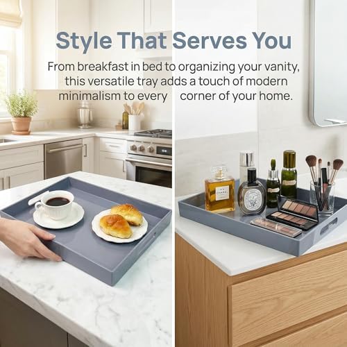 Grey Decorative Tray, Rectangular Large Serving Tray with Handles, Plastic Coffee Table Tray for Ottoman, Living Room, Kitchen Tabletop, 15.7” x 11.8” x1.6” - Image 6