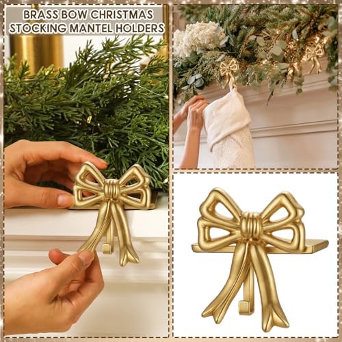 MorningRo 6 Pcs Gold Bow Christmas Stocking Holder Heavy Duty Cast Iron Gold Christmas Double Bow Stocking Holder Xmas Home Metal Decoration for Mantle Fireplace Shelf Staircase Decoration - Image 5