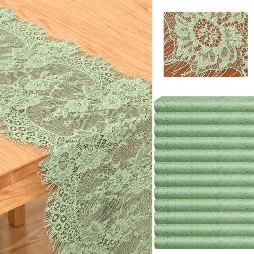 12 Pack Sage Green Lace Table Runners 14 x 120 Inch Sage Green Rustic Lace Fabric Table Runners with Rose Embroidered Floral Vintage Table-Runner for Party Wedding Bridal Shower Decorations by Unknown