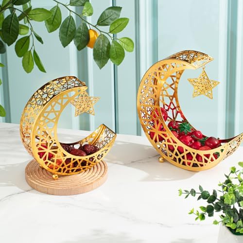 Qinyoung Ramadan Moon Star Tray, 2 Pcs Gold Metal Serving Tray, Eid Mubarak Dessert Trays, Islamic Themed Home Decoration, 2 Sizes, Sturdy, Suitable for Special Occasions - Image 3