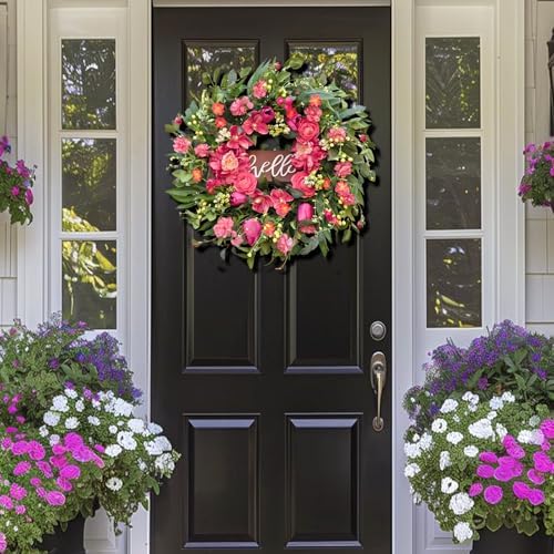 Spring Wreaths for Front Door 24 Inch with Hello Sign,Artificial Summer Wreath with Pink Peony and Orchid,Indoor and Outdoor Wreath for Farmhouse Wall Home Porch Decor - Image 6