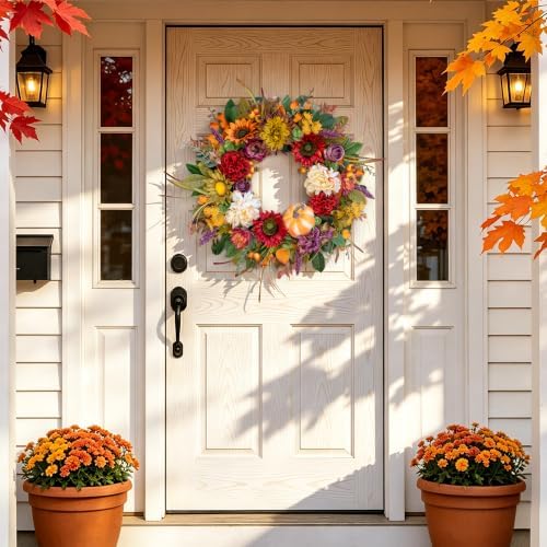 24 Inch Fall Wreaths for Front Door, Autumn Farmhouse Harvest Wreath - Image 3