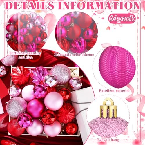 Lunmon 64 Pcs Christmas Ball Ornaments Red Pink and Hot Pink Xmas Bulbs - Image 3