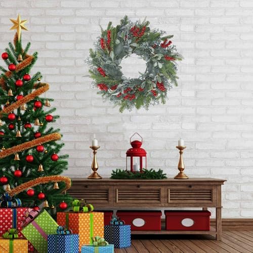 24” Green Faux Pine Christmas Wreath with Red Berry– Mixed with Fake Norfolk Cypress, Cedar & Lamb Ear, Xmas Winter Wreaths for Front Door Porch Mantel & Fireplace - Image 5