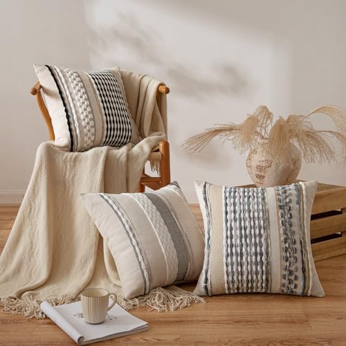 ANRODUO Boho Decorative Pillow Covers Gray Blue Stripe 26x26 Inch Pack of 2 - Image 2