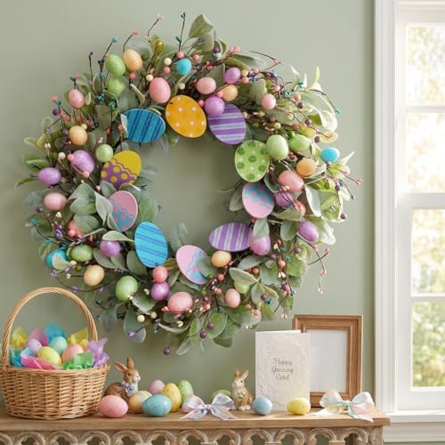 24 Inch Spring Easter Eggs Wreath with Lamb Ears Leaves for Front Door, Glitter Eggs Green Leaves Door Wreath with Berries for Indoor and Outdoor, Easter Egg for Home Decor - Image 3