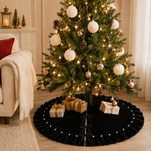 Black Velvet Christmas Tree Skirt with Ruffled Edge&Pearl,60" - Image 2
