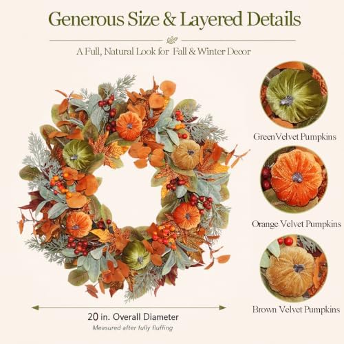 20 Inch Pre-Lit Pumpkin Fall Wreath for Front Door, 30 White LEDs - Image 2