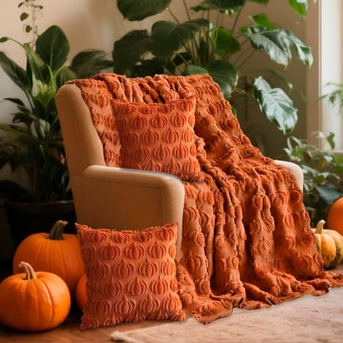 Blanket & Throw Pillow Covers Set - Rust Red Fall Halloween Pumpkin Decor by ChezMax