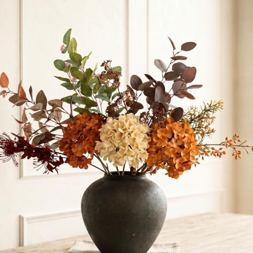 Fall Centerpieces for Tables - Burnt Orange Hydrangea & Eucalyptus Stems by RyddeligHome-AestheticHomeDecor