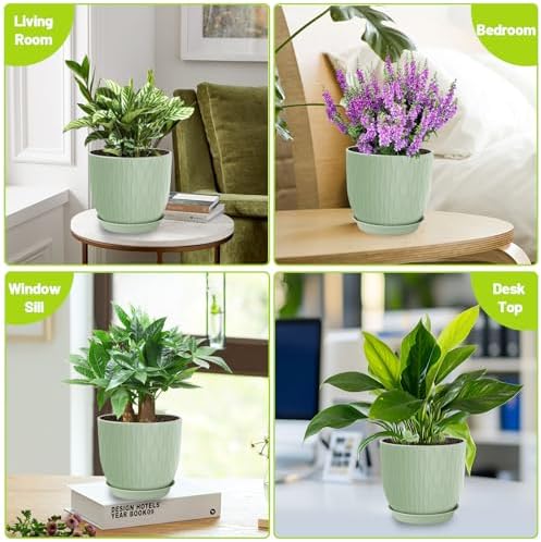 Plastic Plant Pots 10/9/8/7.5/7 inch Set of 5, Flower Planters with Drainage Holes and Saucers, Plastic Pots for Indoor Outdoor Plants, Livingroom Garden Decor (Green) - Image 6