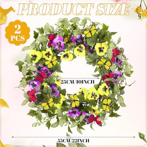 Hotop 2 Pcs Spring Summer Door Wreath for Front Door 22'' Artificial Yellow Purple Pansy Floral Wreath with Butterfly Green Eucalyptus Leaves for Indoor Outdoor Home Wedding Farmhouse Window Decor - Image 2